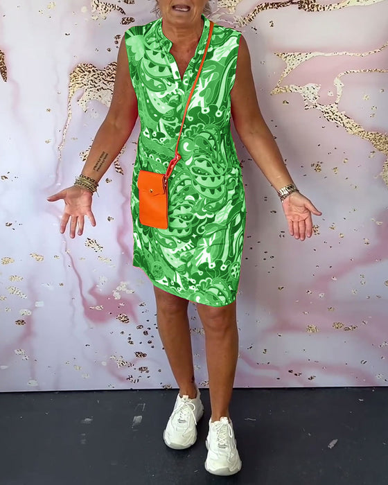 Printet ermeløs elegant kjole med V-hals