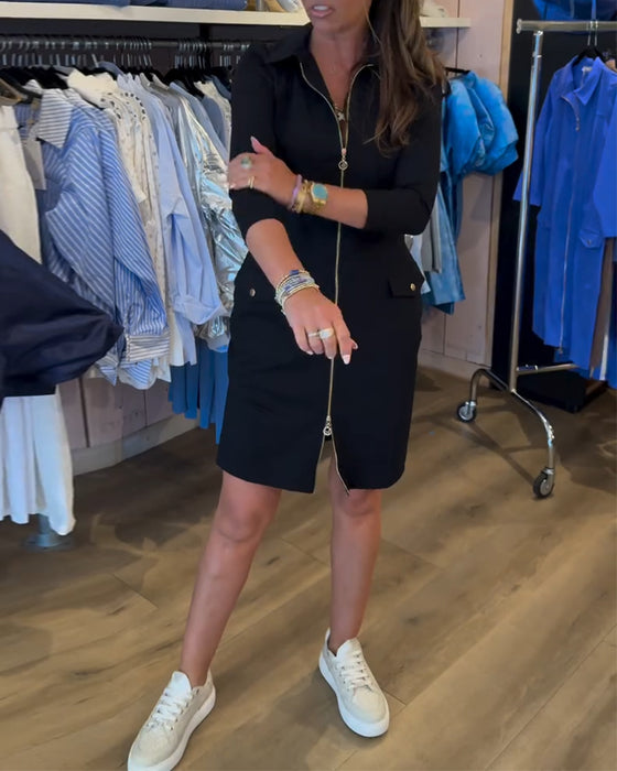 Kjole Krage Ensfarget Glidelås Lang Erme