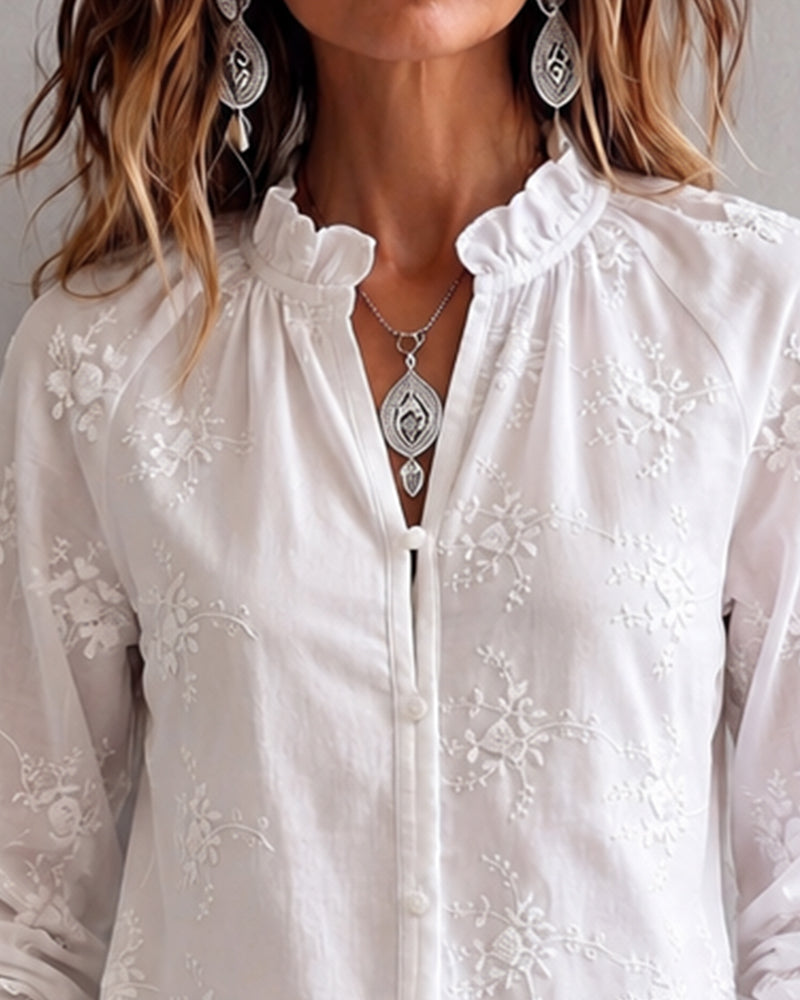 Bluse Ruffle Kant Mandarin Krage
