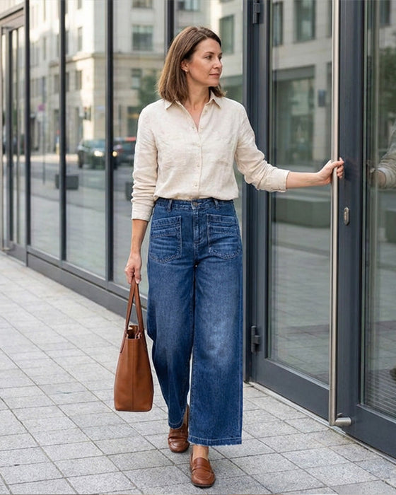 Bukse Dame Casual Høy Midje Bred Bein