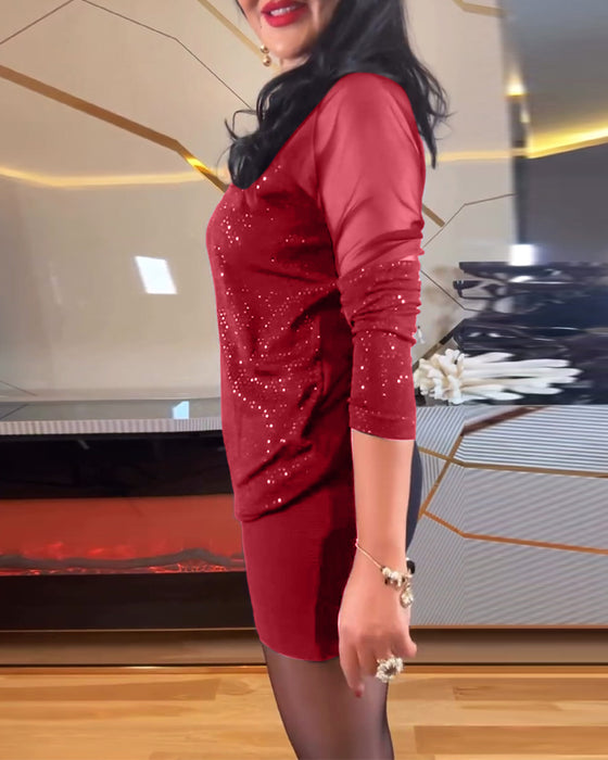 Topp sexy v-hals mesh og ensfarget paljett