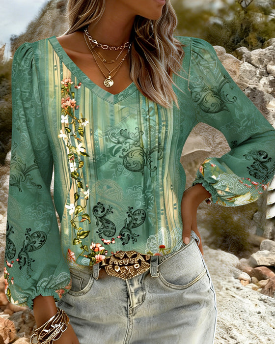 Bluse Blomstret V-Hals Pufferme