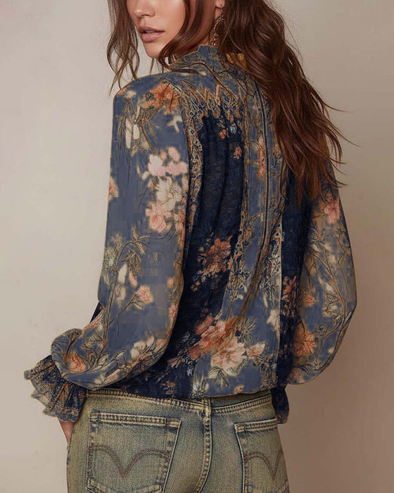 Halvglidelås Blomstertrykk Bluse
