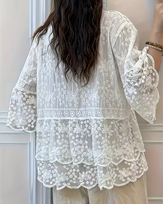 Bluse Kort Erme Blonder Trim