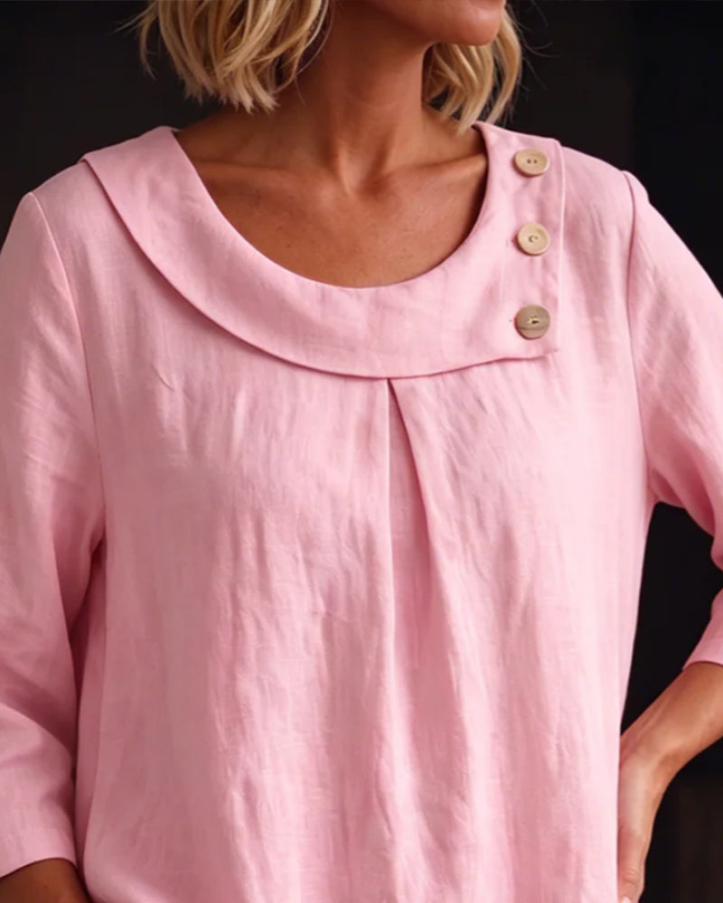 Bluse Rullet Fal Rund Hals Knapp Løstsittende