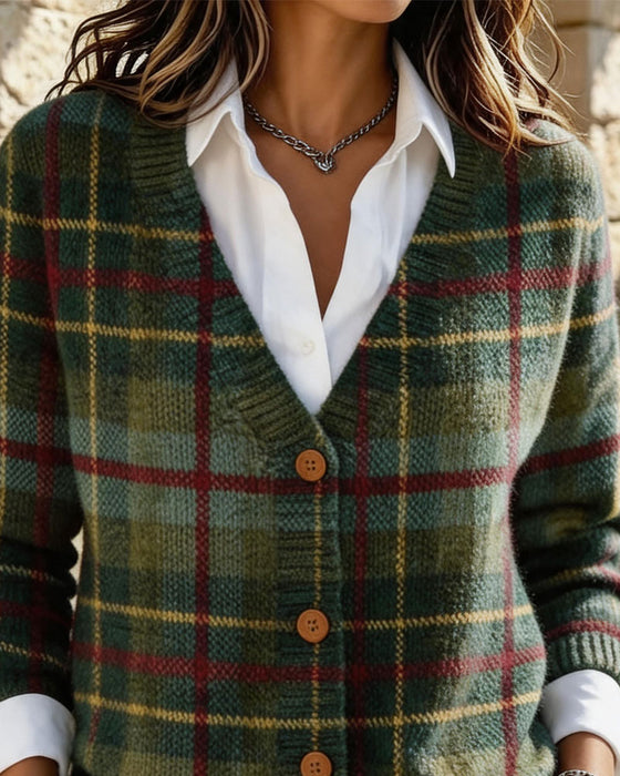 Cardigan Vintage Rutemønster V-Hals Knapp