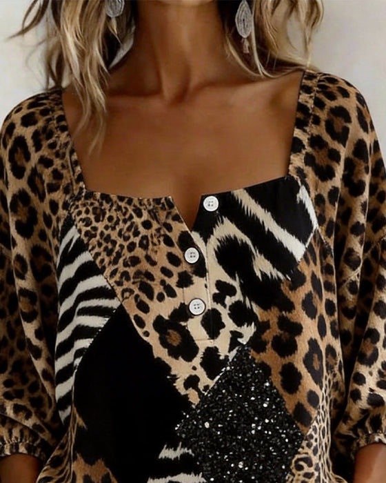 Bluse Firkantet Hals Leopardmønster Lappeteppe Paljett