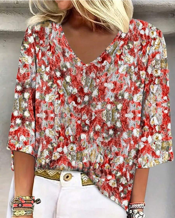 Bluse Blomstre Trykk V-Hals Tredje-Kvart Erme