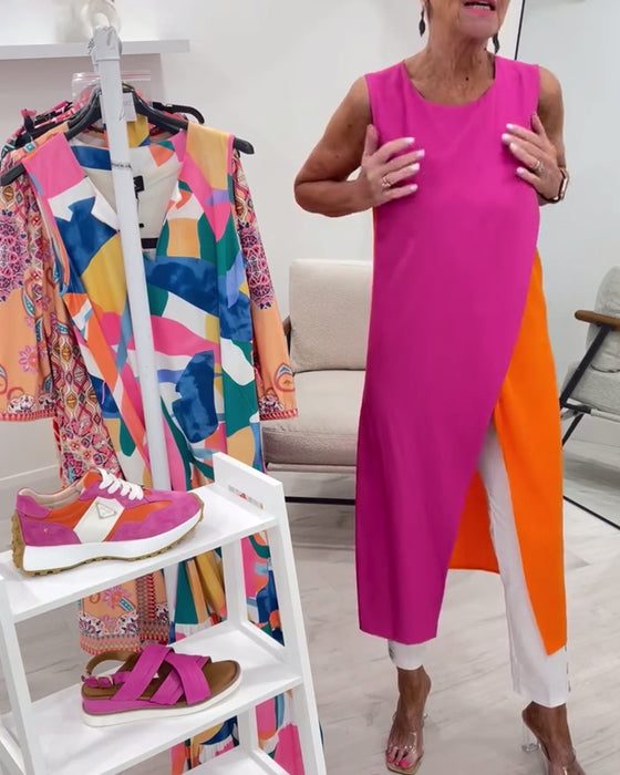 Bluse Uten Ermer Kontrastfarge Splitt Lang