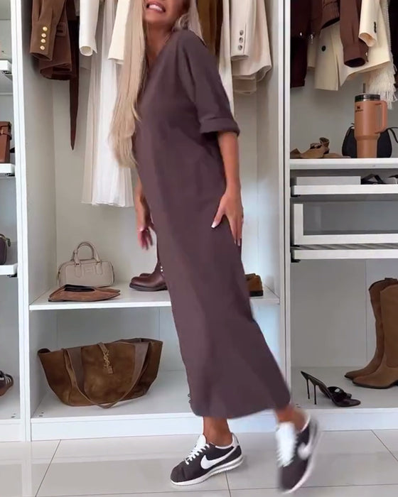 Kjole Ensfarget Rundhalset Splitt Tunika