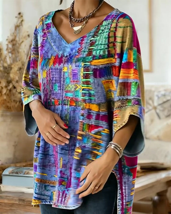 Bluse Med Fargerikt Geometrisk Print Og Vide Ermer