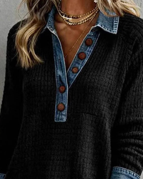 Bluse Skjortekrage Denim Panel