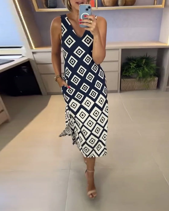 Kjole V-Hals Diamantmønster Ermeløs