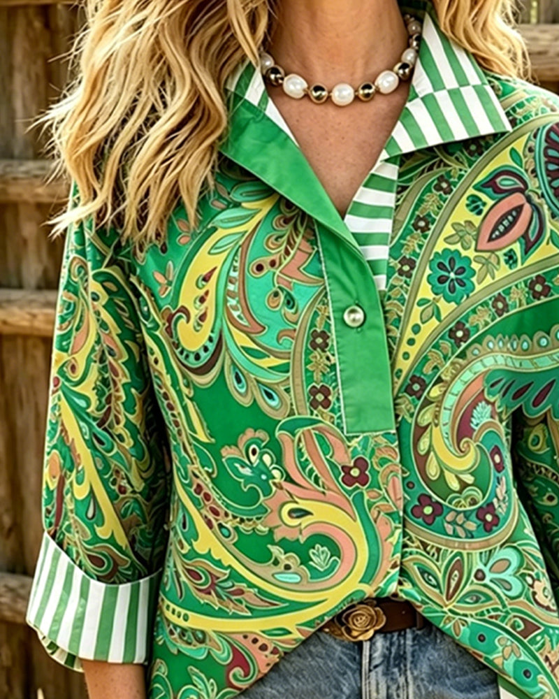 Bluse Patchwork Blomstrende Trykk Casual