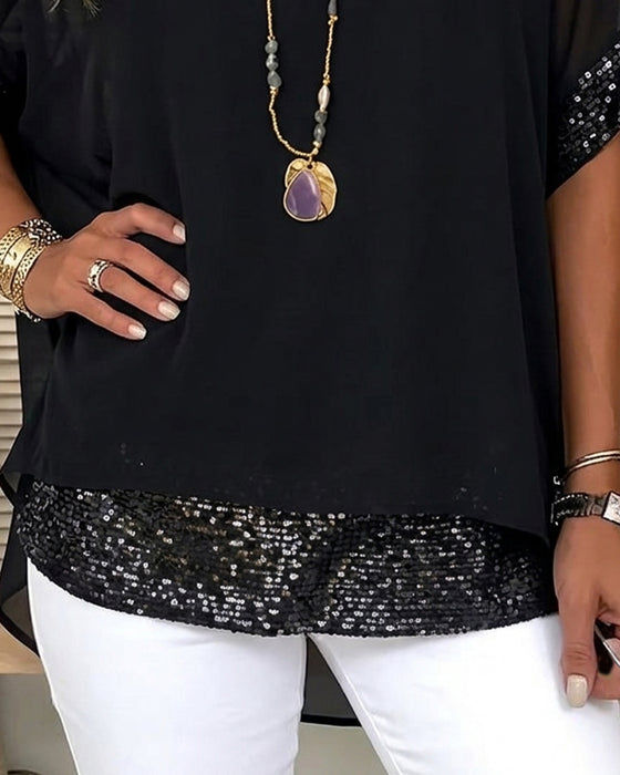 Bluse Paljett Patchwork Sheer Løs