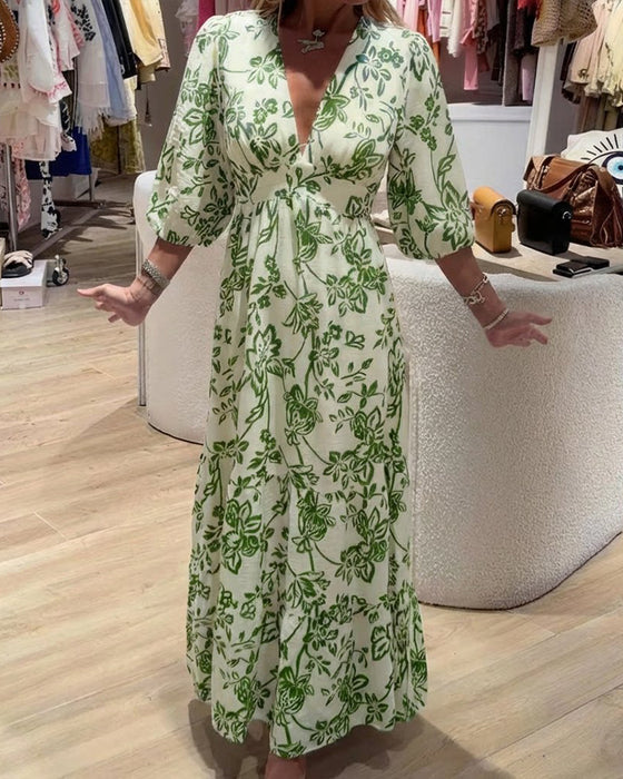 Kjole Dyp V-Hals Elegant Blomstret Lang