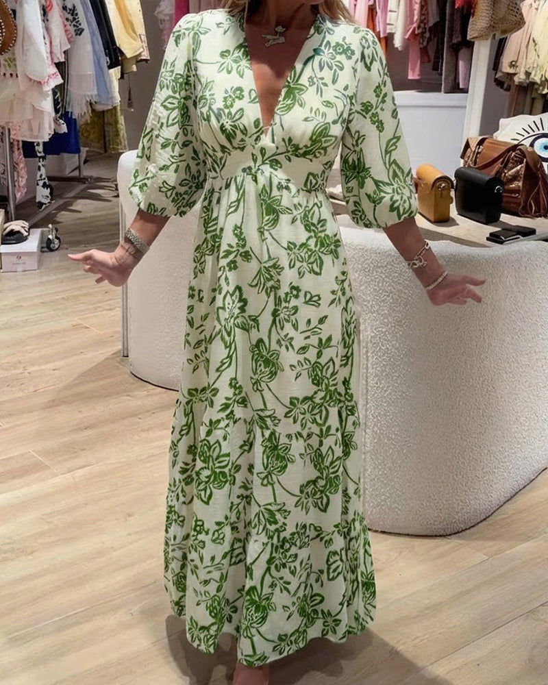 Kjole Dyp V-Hals Elegant Blomstret Lang