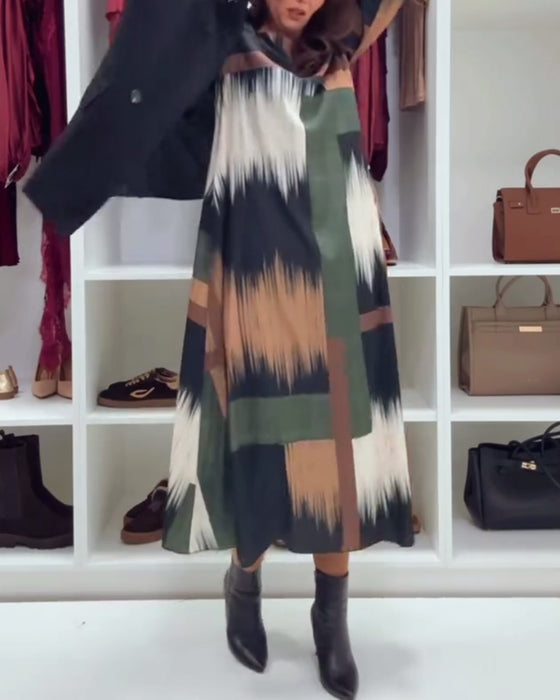 Stilfull Trykt Kjole Med Rund Hals Og Lange Ermer