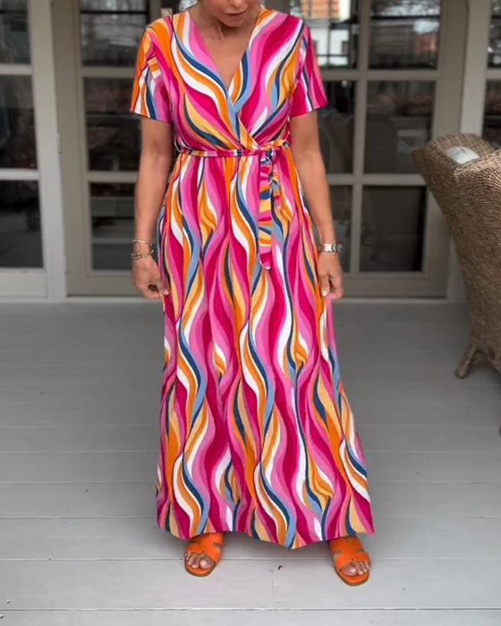 Fargerik, kortermet lang kjole med snøring