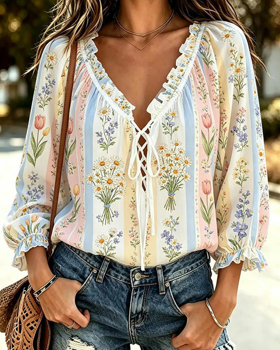Bluse Fargeblokk Blomstret Knyting V-Hals