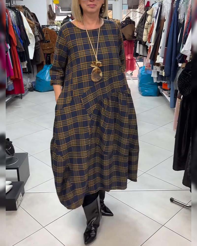 Trykt Rutet Kjole Med Rund Halsring