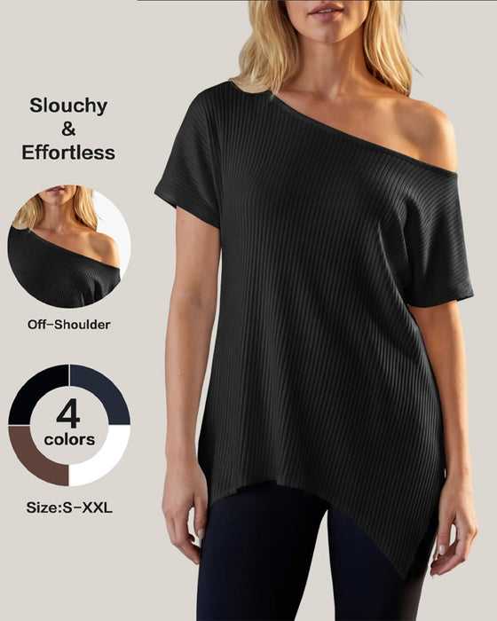 T-Shirt Uregelmessig Off-Shoulder Kort Erme Ribbet