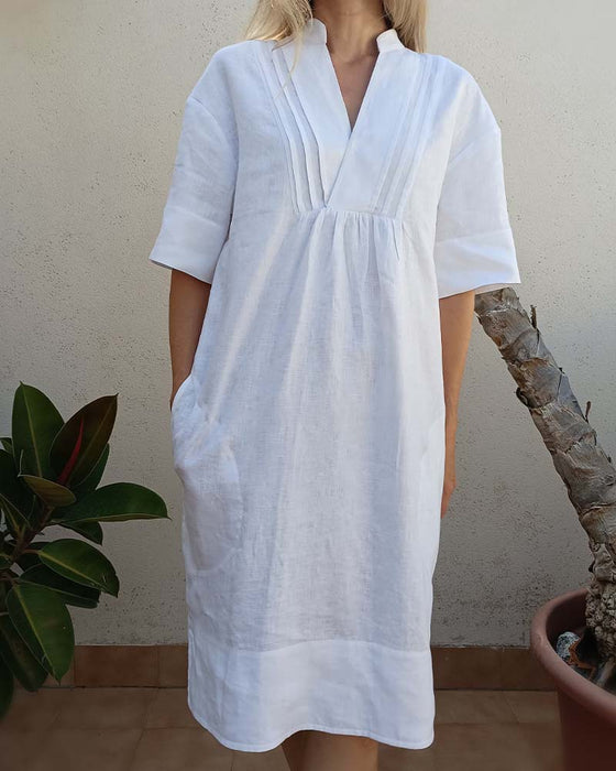 Kjole V-hals Plissert Bomull Og Lin