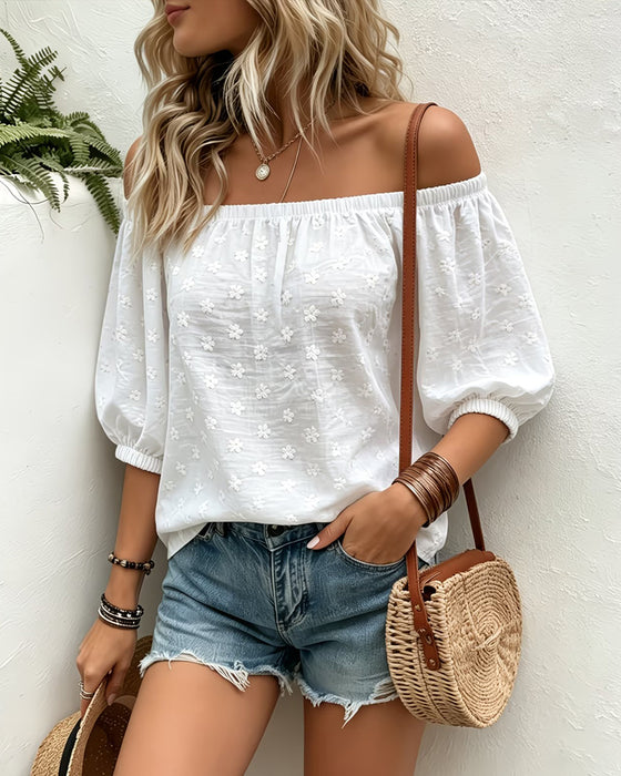 Bluse Jacquard Off-Skulder Puffererme