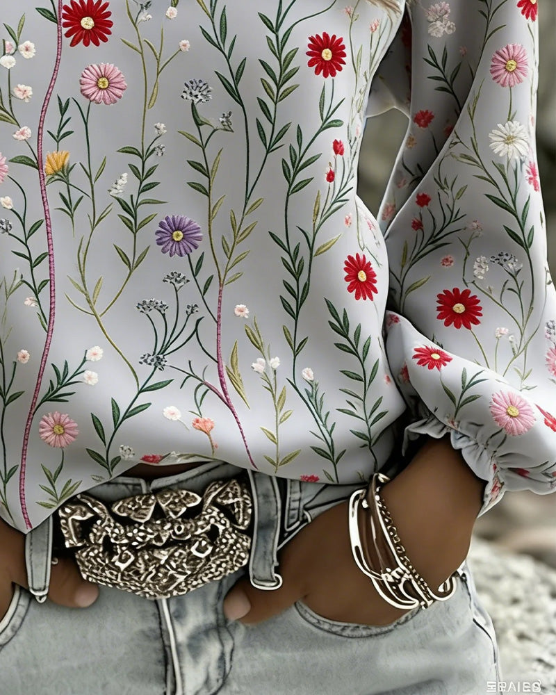 Bluse Blomstre Trykk Boble Erme V-Hals