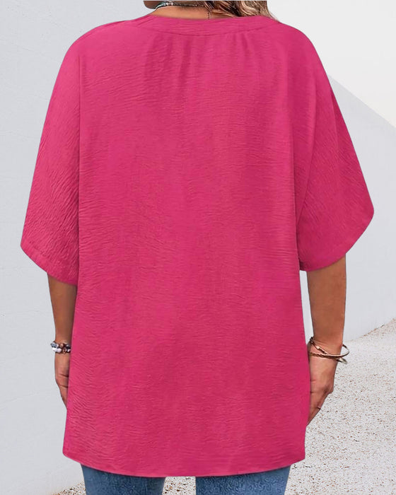 Bluse Løs Solid Farge Kort Erme