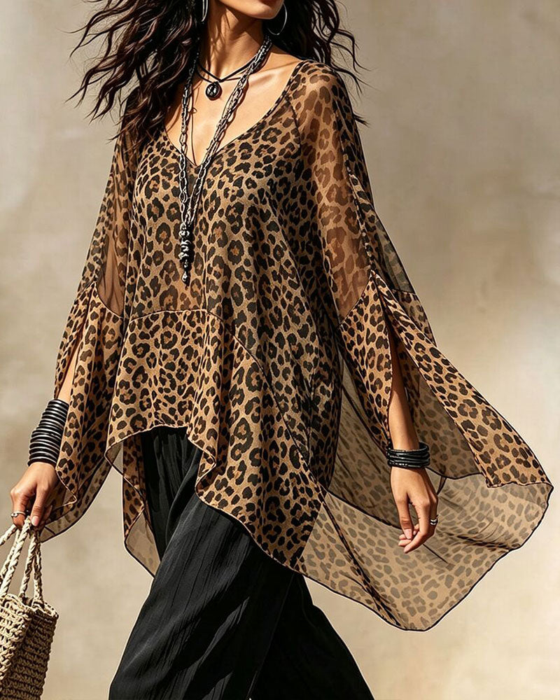 Bluse V-Hals Leopard Uregelmessig