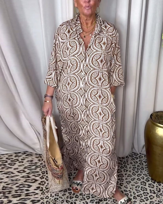 Vintage printet maxikjole med jakkeslag og lomme