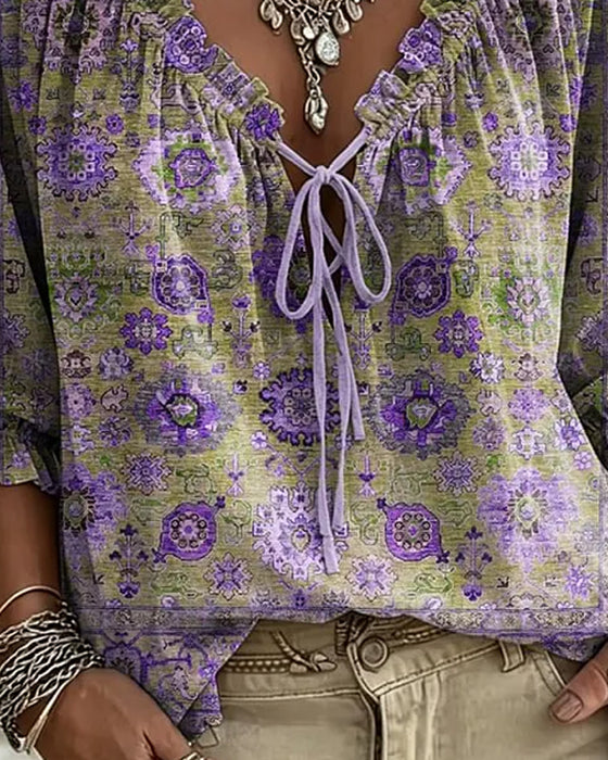 Bluse V-Hals Knyting Vintage Trykk