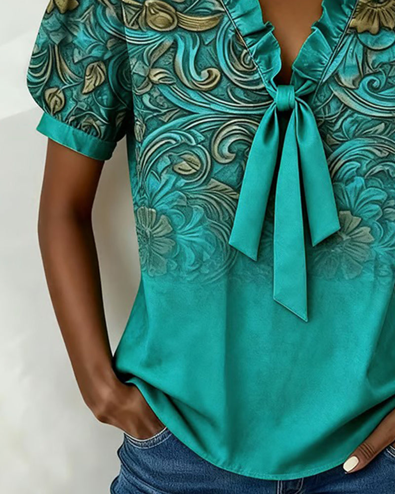 Blus Slipsbånd Volang V-Hals Printed Korte Ærmer