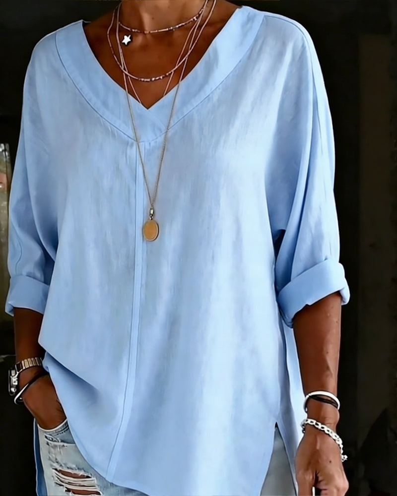 Topp 100% Bomull V-Hals Trekvart Erme Splitt