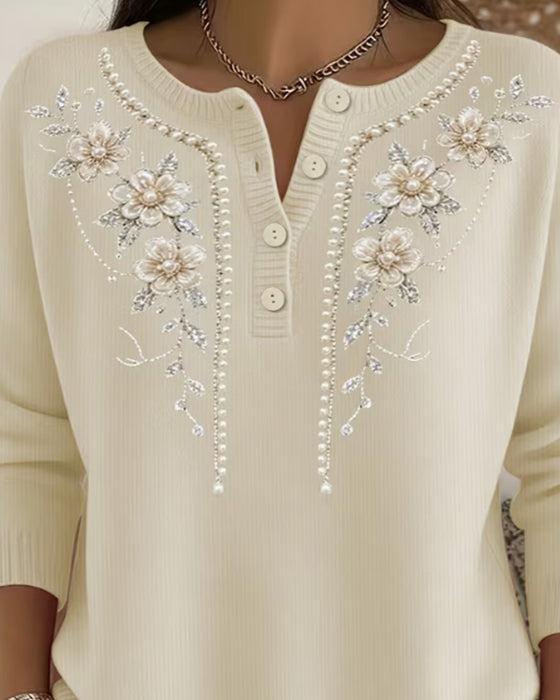 Sweatshirt Rund Hals Knappelukking Blomstret Langermet