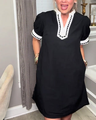 Kjole Boble Erme Fargeblokk V-Hals