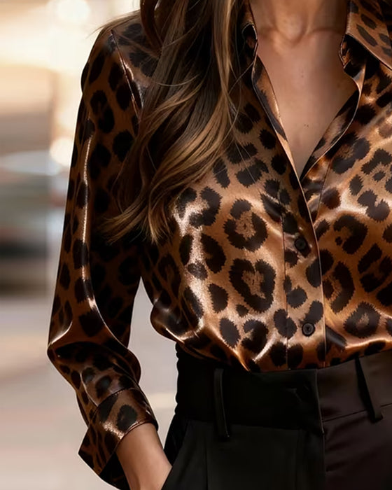 Bluse Krage Leopard Trykk Langermet Drapet