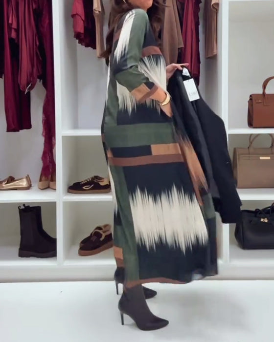 Stilfull Trykt Kjole Med Rund Hals Og Lange Ermer