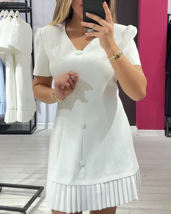 Kjole Ensfarget Elegant V-Hals Plissert