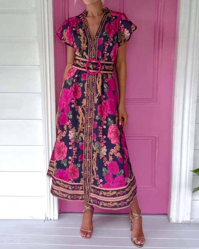 Kjole V-Hals Rose Trykk