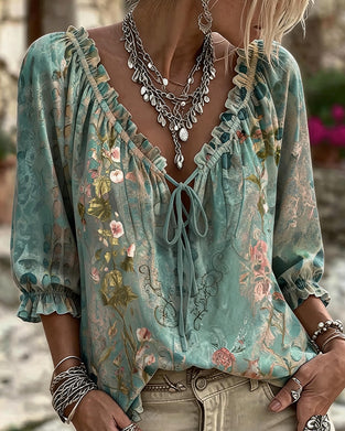 Bluse Blomstrende Trykk Dragsnor Tre Kvarter Erme