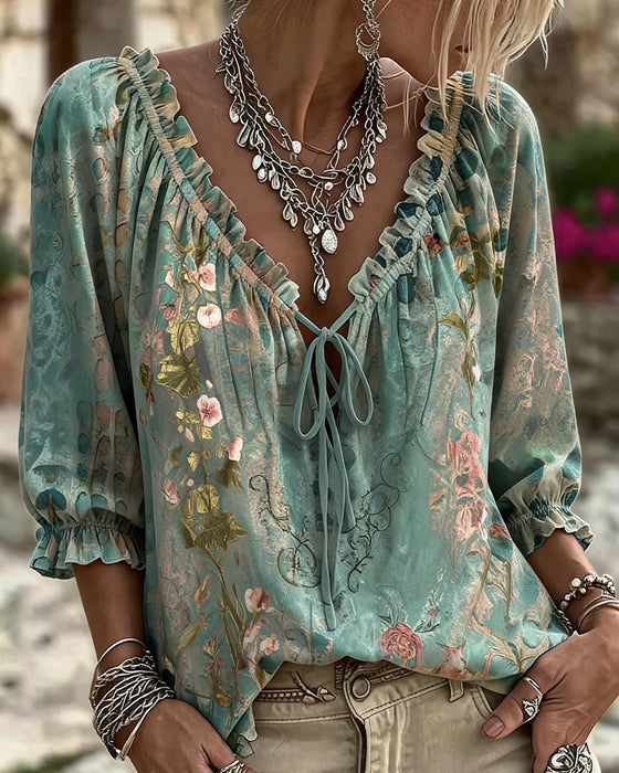 Bluse Blomstrende Trykk Dragsnor Tre Kvarter Erme