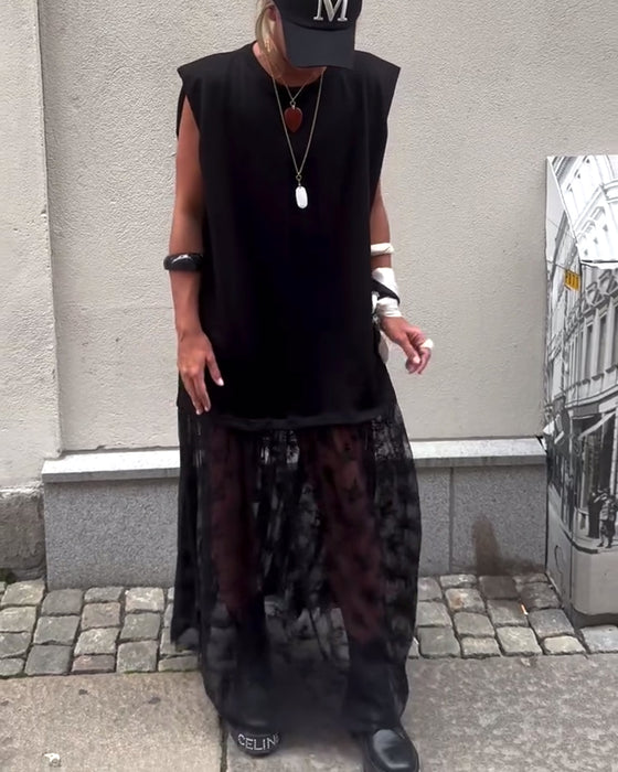 Ermeløs Mesh Patchwork Kjole