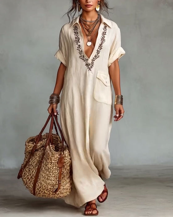 Kjole Dyp V-Hals Trykk Casual Maxi