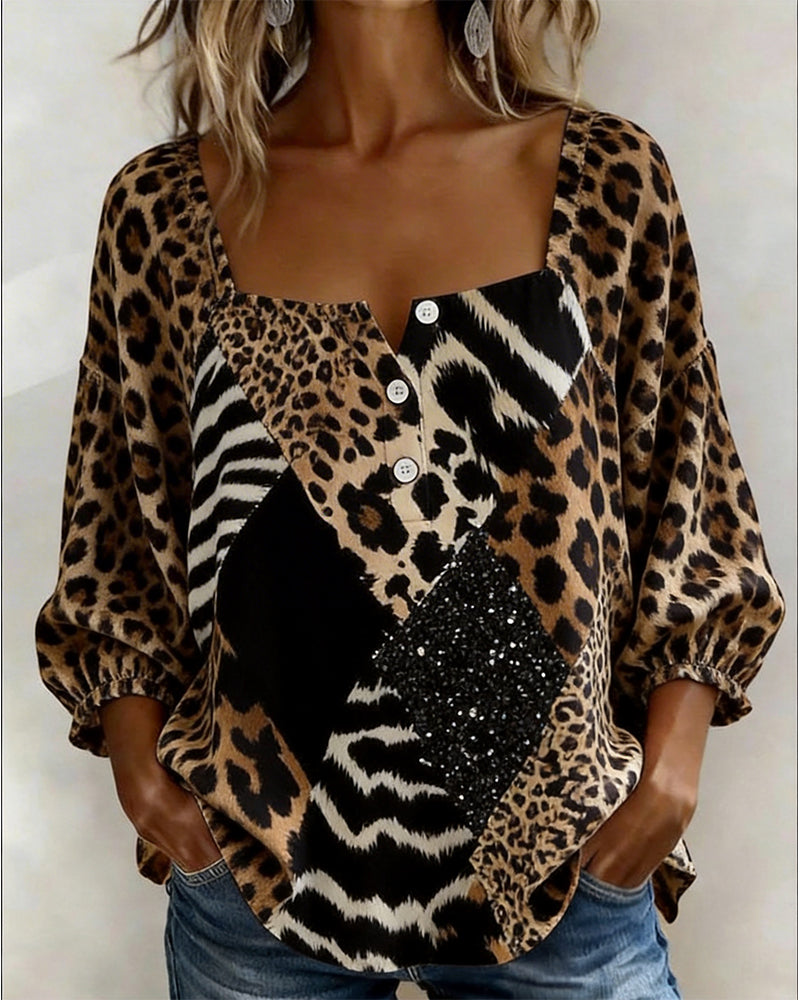 Bluse Firkantet Hals Leopardmønster Lappeteppe Paljett
