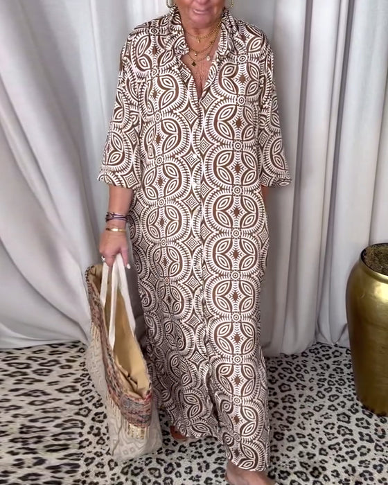 Vintage printet maxikjole med jakkeslag og lomme