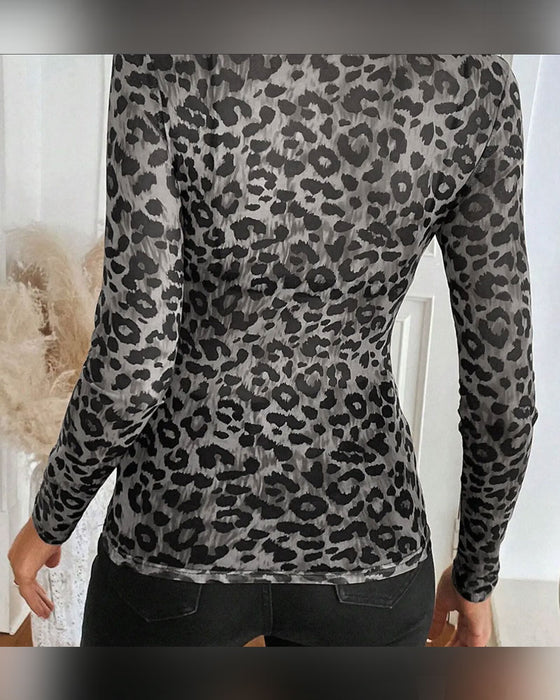 Topp Leopardmønster Rund Hals Lang Erme