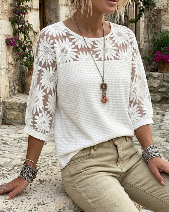 T-Skjorte Rund Hals Blonde Vaffel Patchwork