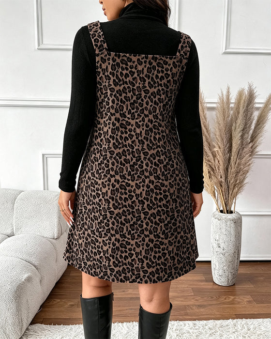 Sett Turtleneck Slim Fit Leopardsmønstret Hageskjørtsett
